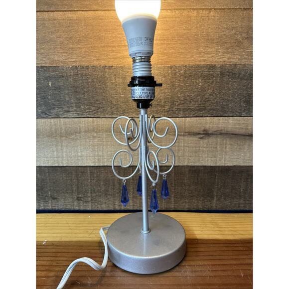 Silver Scroll Lamp With Blue Dangling Prisms - Picture 2 of 6